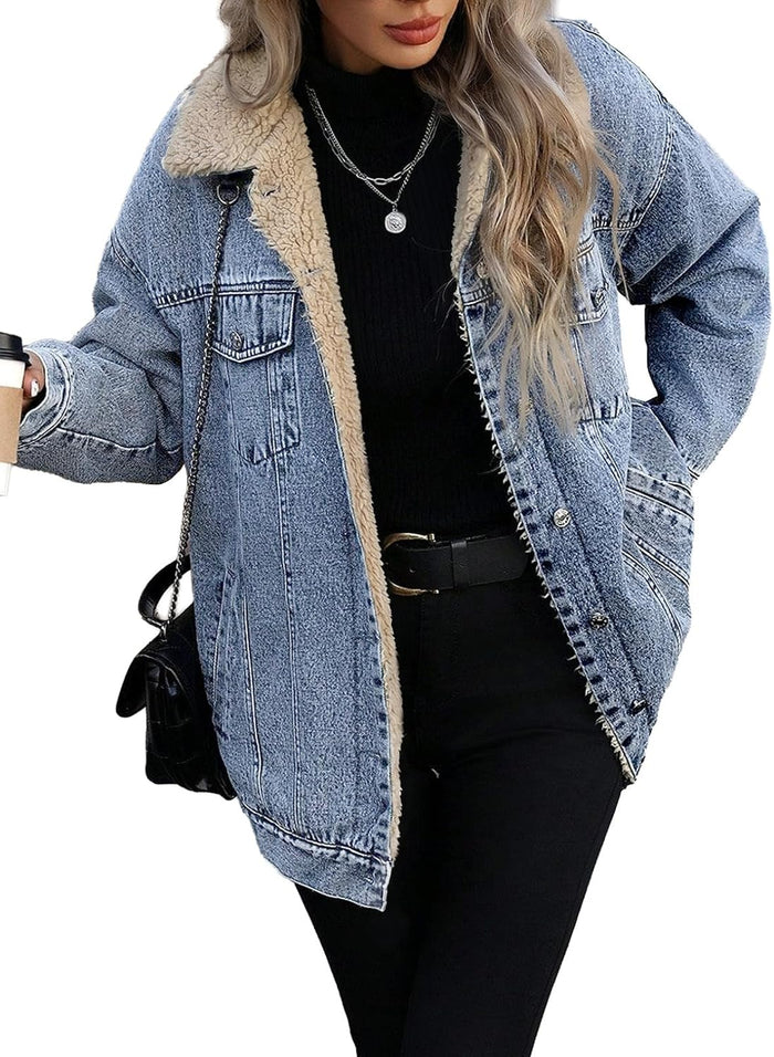 Long Fleece-Lined Denim Trucker Jacket