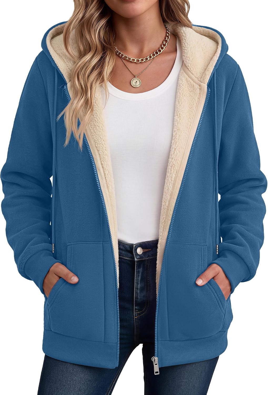 Hooded Sherpa Fleece Full-Zip Coat with Kangaroo Pocket