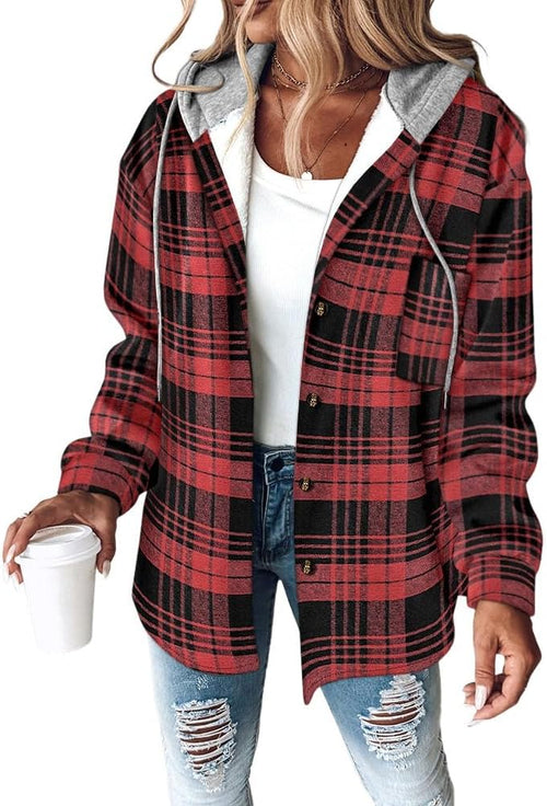 CHICME Womens Casual Jacket Plaid Hooded Fleece Lined Shacket | Long Sleeve Flannel Jacket, Button Front Closure Warm Coat With Side Pockets, Fall Winter Daily Wear