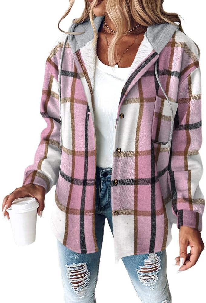 Plaid hooded shacket with fleece lining in pink
