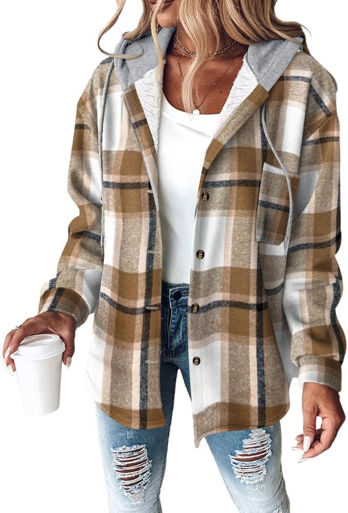 Plaid hooded shacket with fleece lining in brown