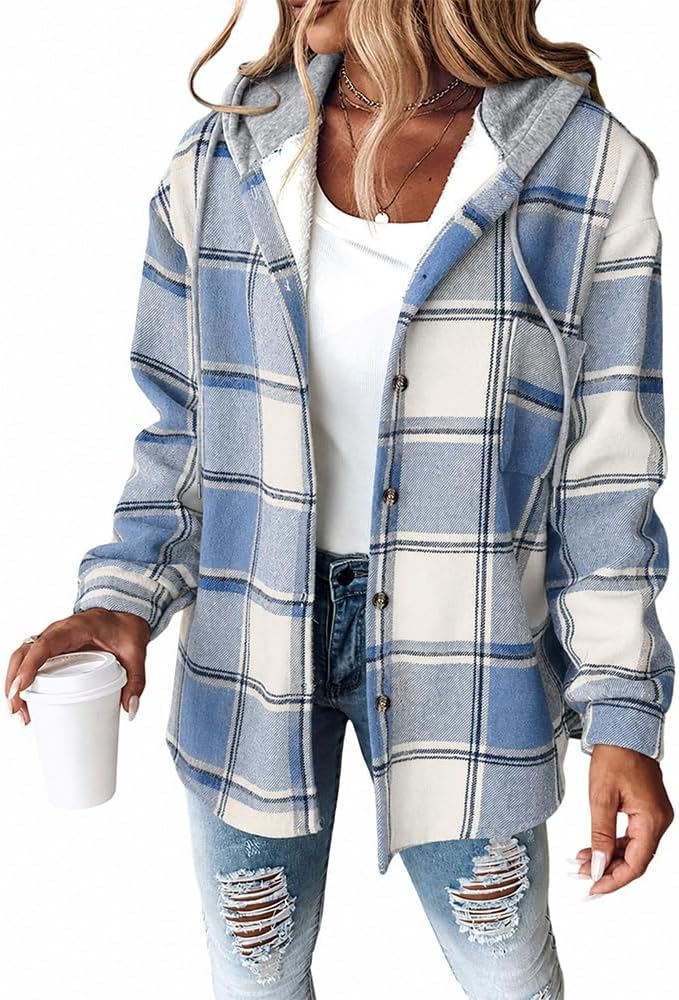 Plaid hooded shacket with fleece lining in light blue