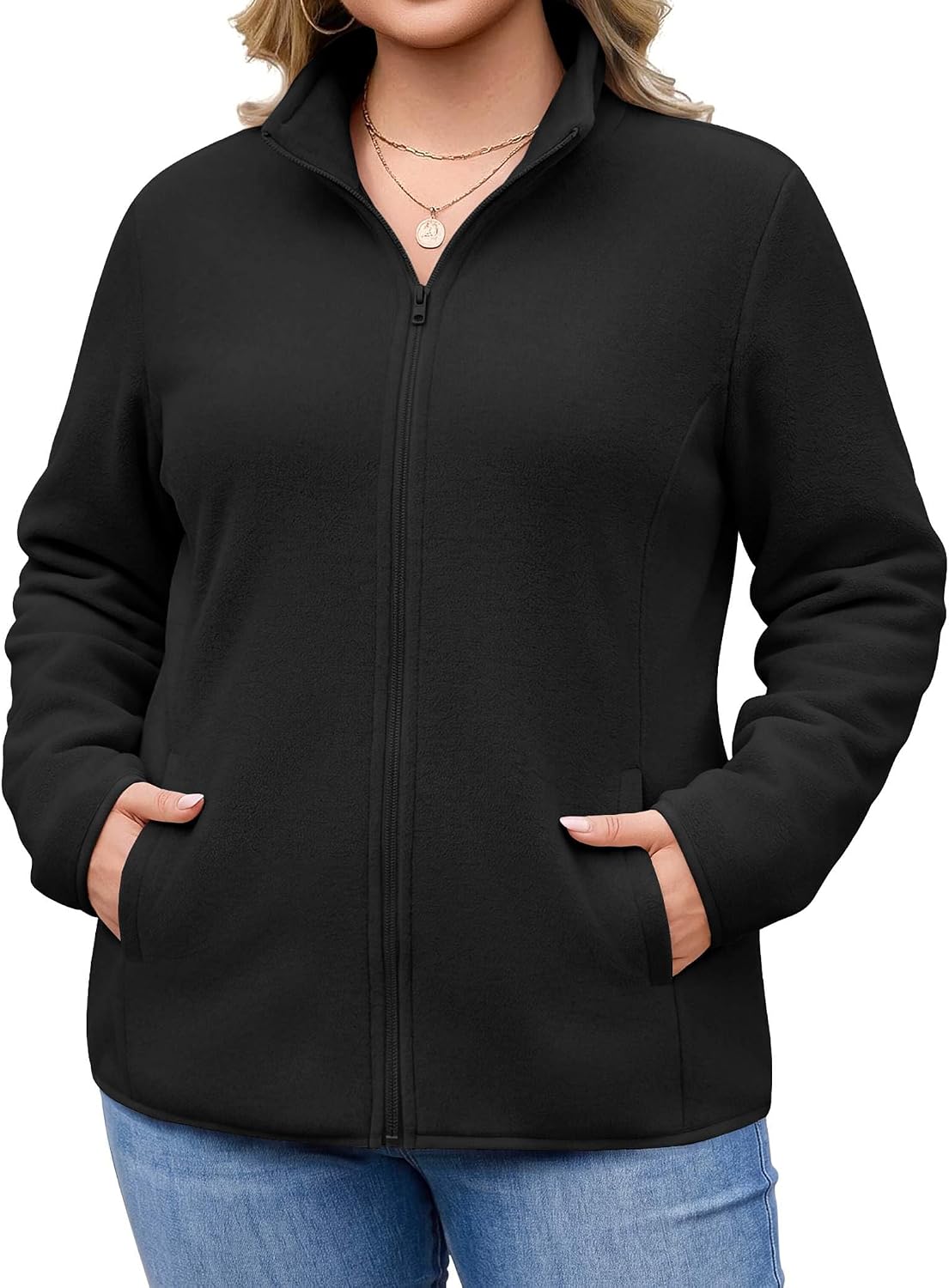 Plus size lightweight full-zip fleece jacket in black, stand collar