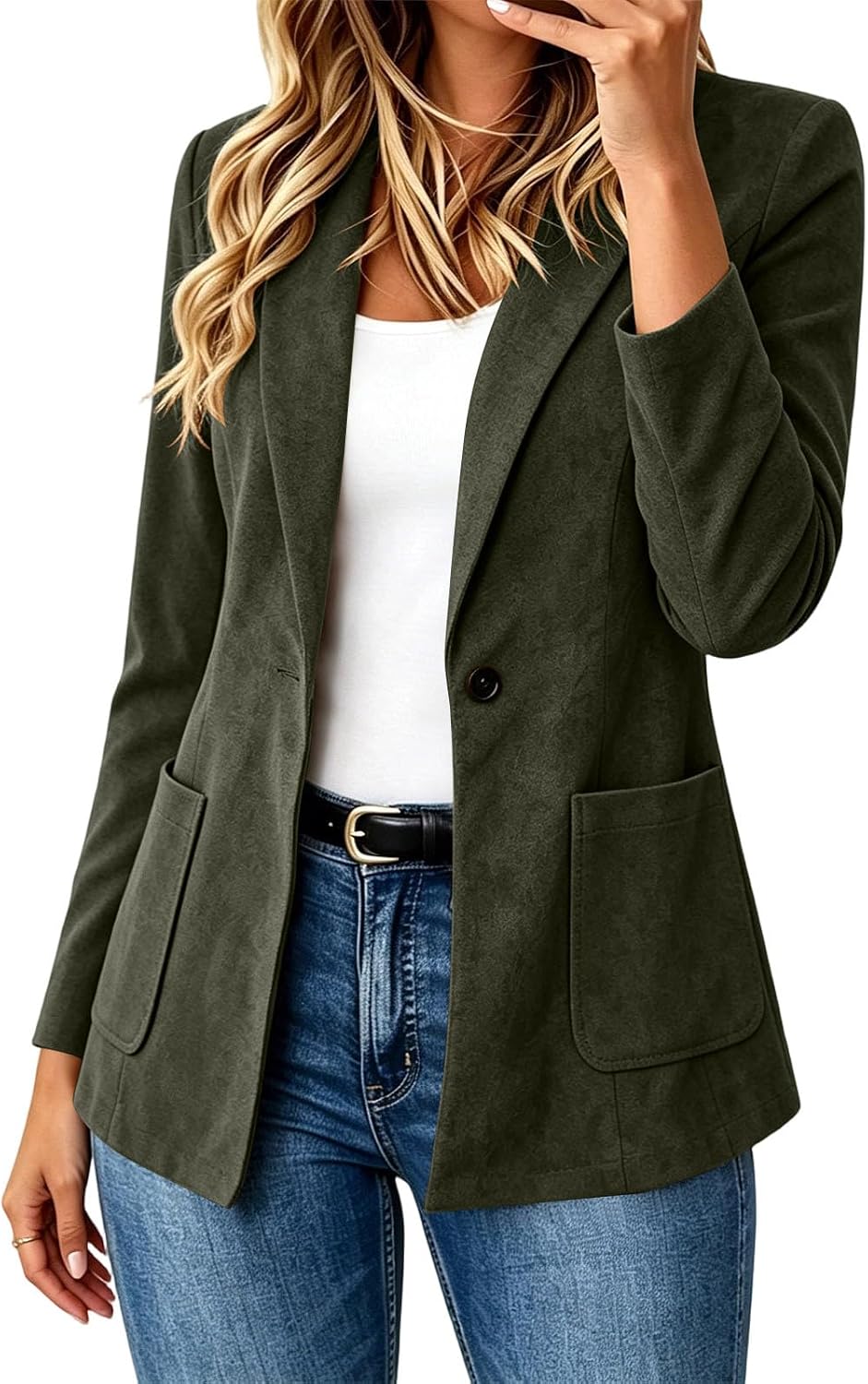 Women's Faux Suede Blazer Jacket One Button Lapel Patch Pockets Casual Work | Faux suede blazer jacket with lapel collar and one button front for office, commute, dinners, travel and everyday casual wear
