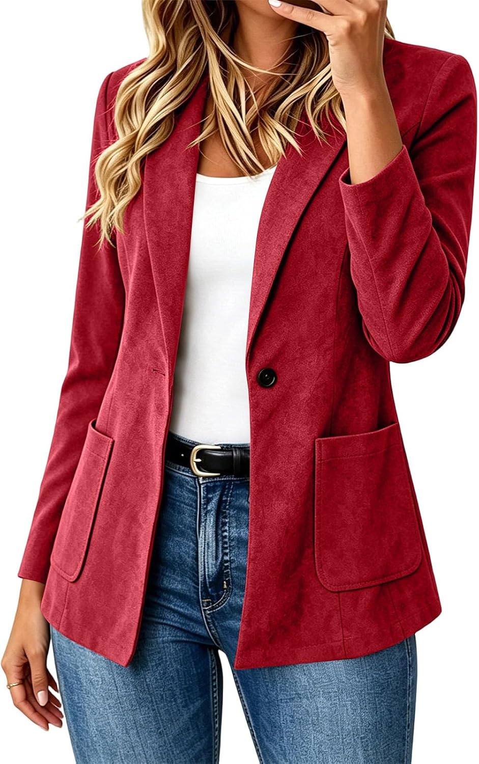 Women's Faux Suede Blazer Jacket One Button Lapel Patch Pockets Casual Work | Faux suede blazer jacket with lapel collar and one button front for office, commute, dinners, travel and everyday casual wear