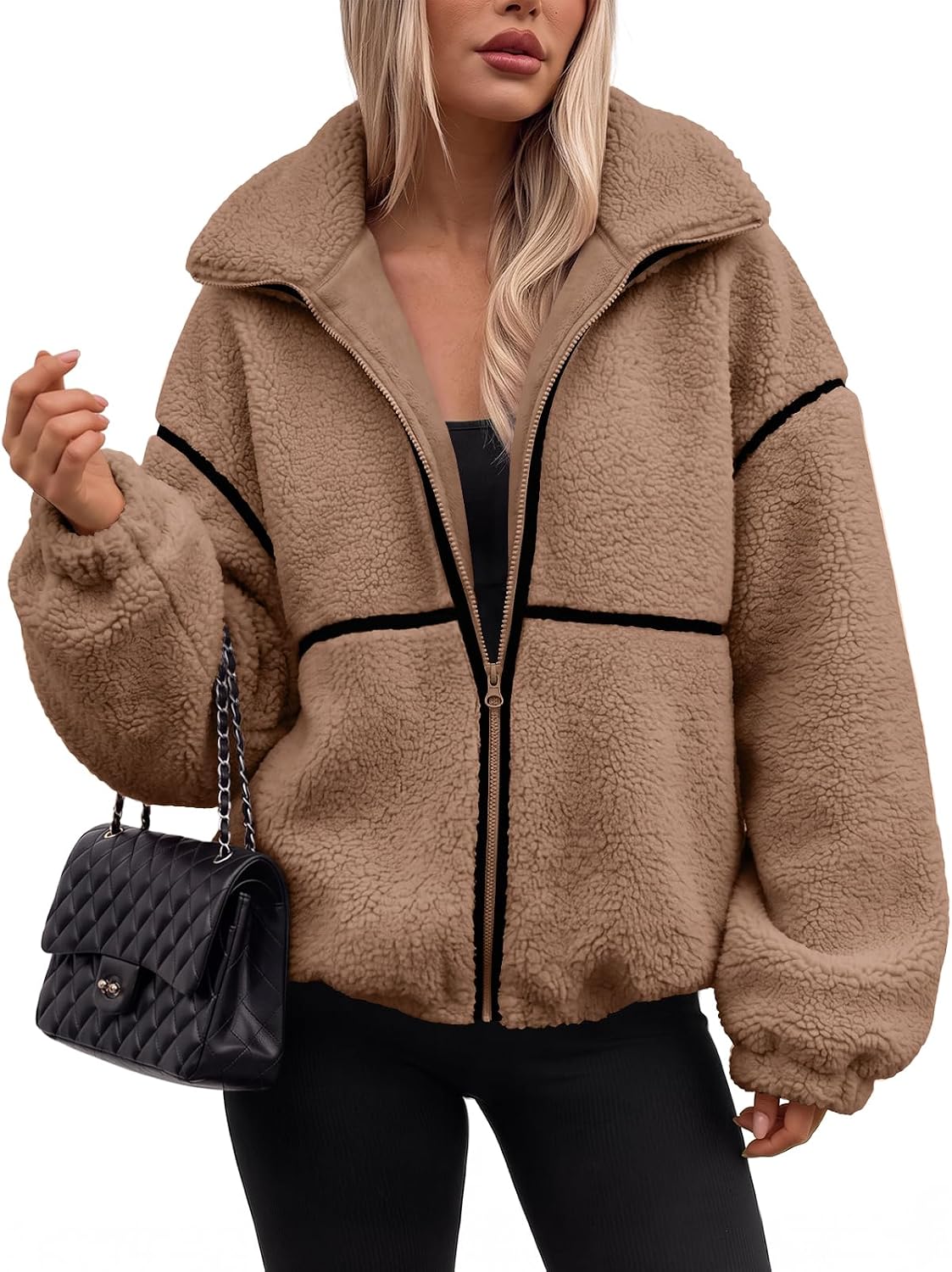 Oversized sherpa fleece zip-up jacket in brown, stand collar