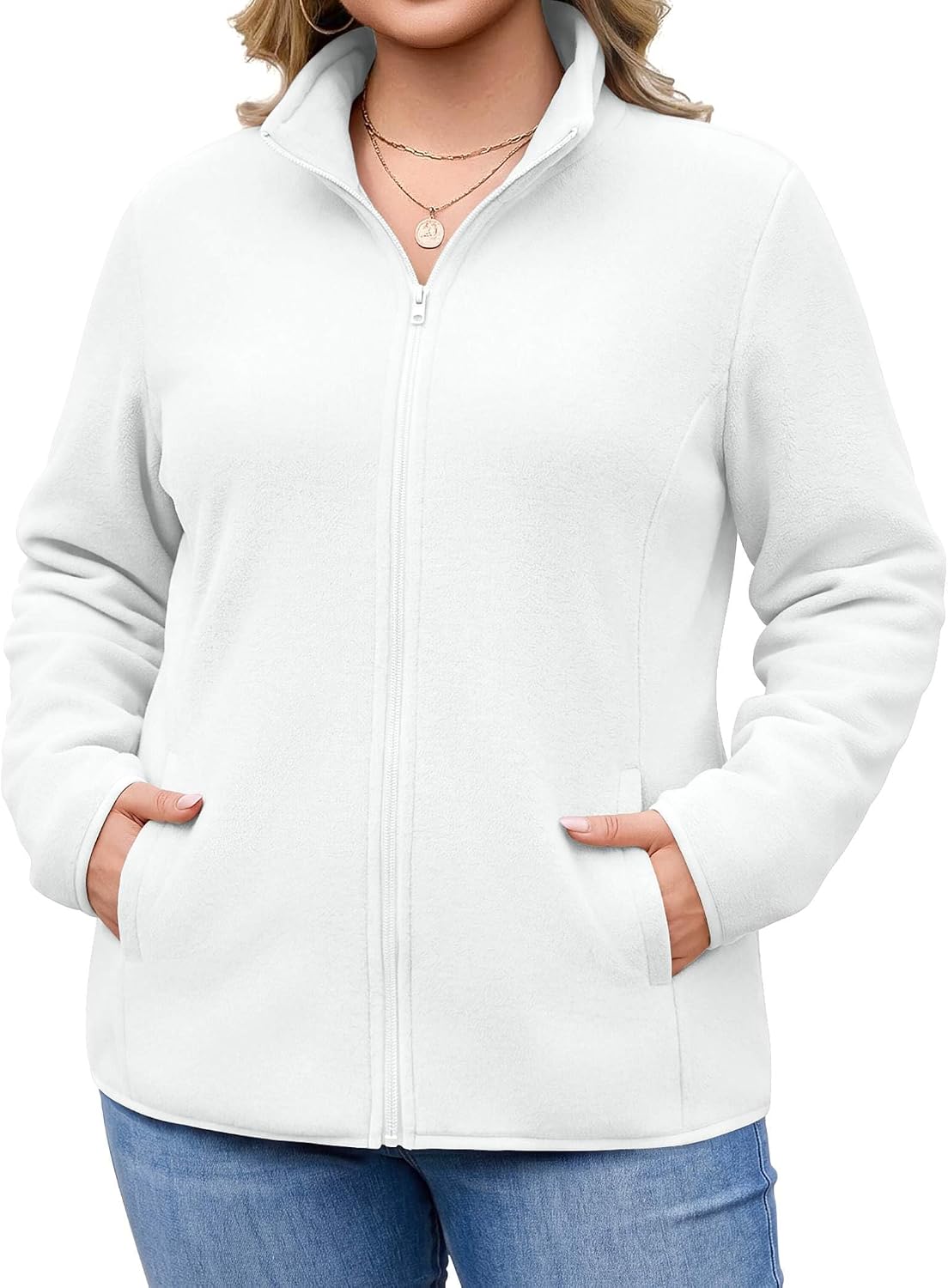 Plus size lightweight full-zip fleece jacket in white, stand collar