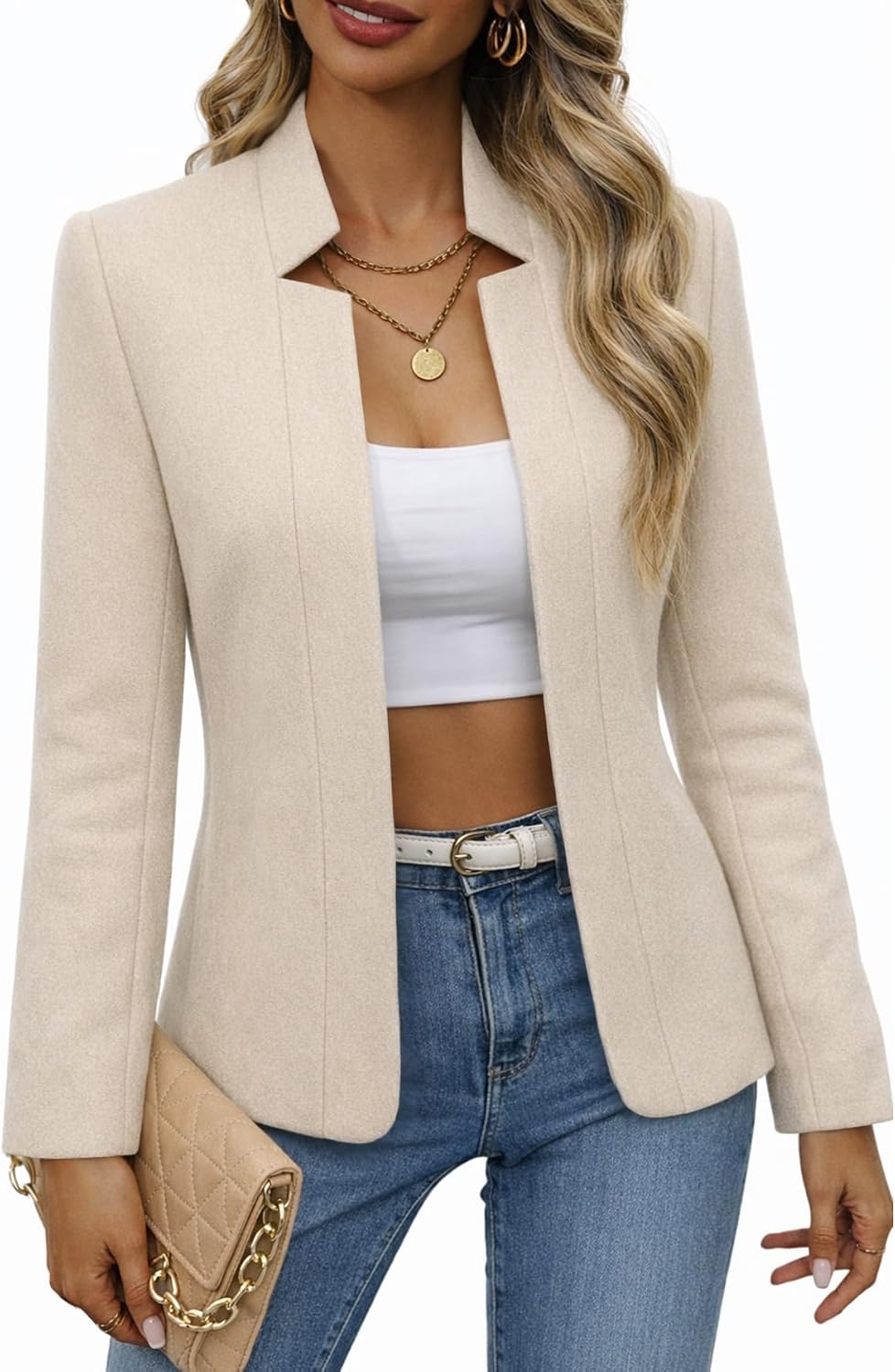 Open-front tweed blazer, fully lined, beige wool finish
