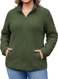 Plus size lightweight full-zip fleece jacket in army green, stand collar