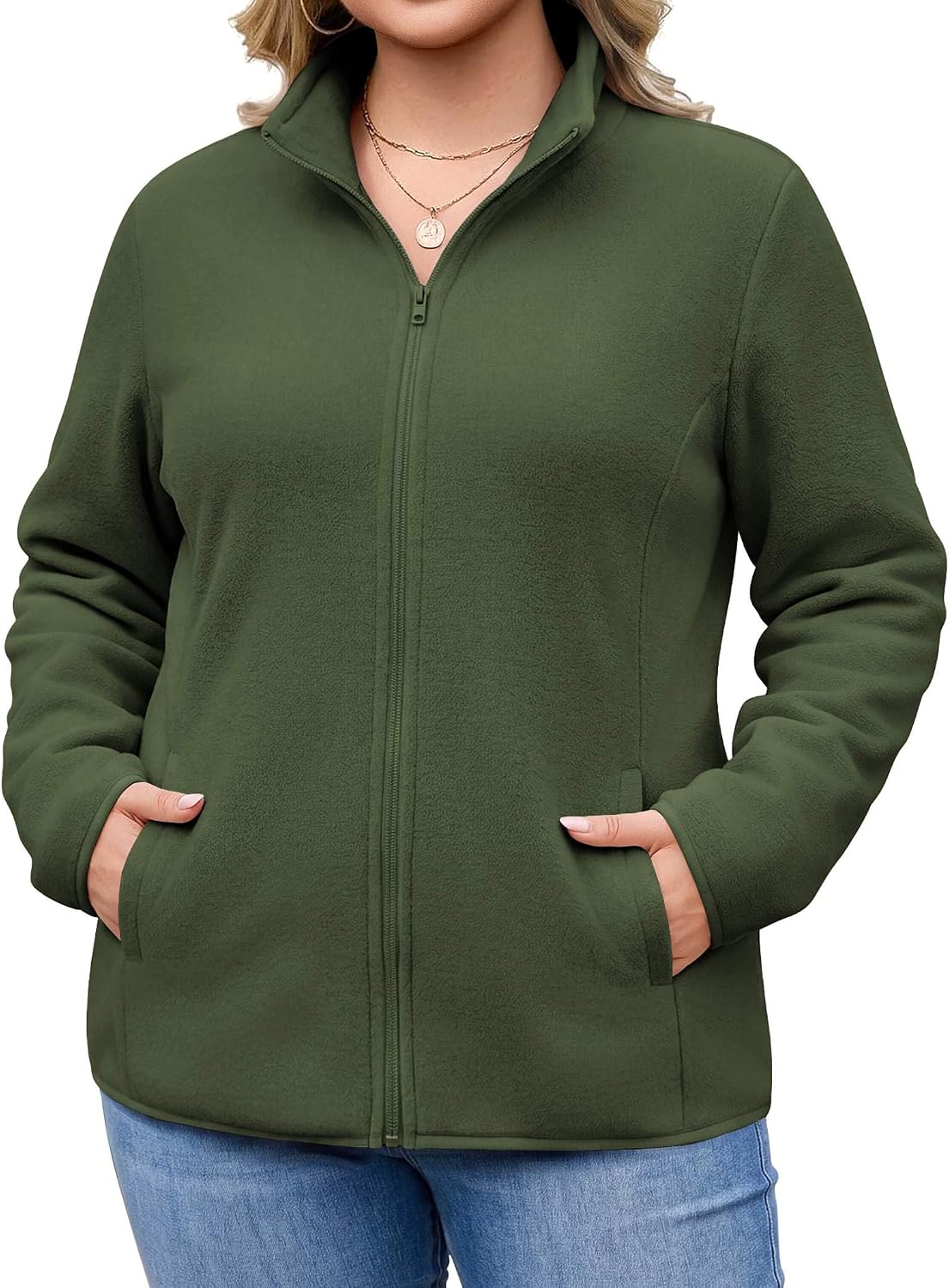 IN'VOLAND Plus Size Women's Fleece Jacket Fall Lightweight Full Zip Coat | Long Sleeve Warm Jackets, Fleece Lined Jacket with Pockets, Fall Winter Coats, Stand Collar, Hiking Travel Clothes