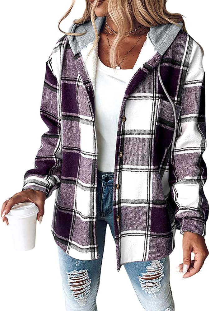 Plaid hooded shacket with fleece lining in purple