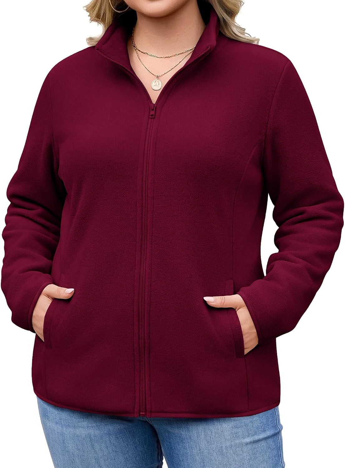 Plus size lightweight full-zip fleece jacket in wine red, stand collar