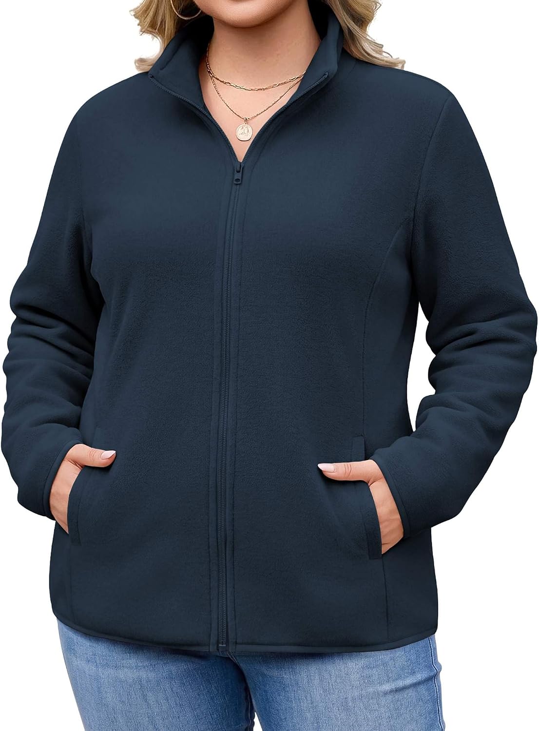 Plus size lightweight full-zip fleece jacket in navy, stand collar