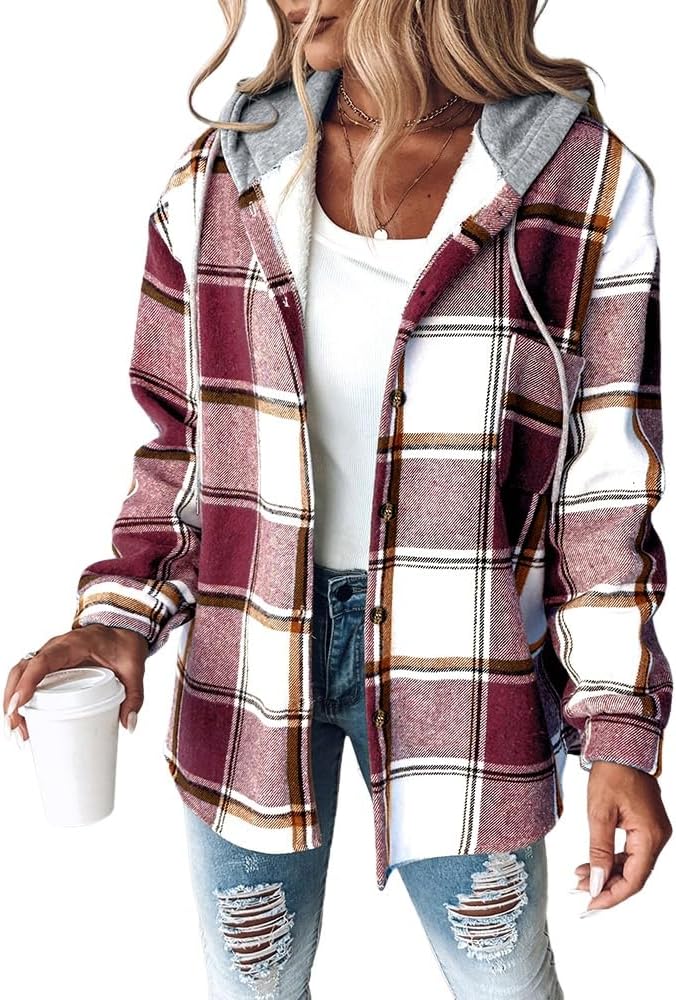 Plaid hooded shacket with fleece lining in red