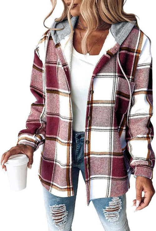CHICME Womens Casual Jacket Plaid Hooded Fleece Lined Shacket | Long Sleeve Flannel Jacket, Button Front Closure Warm Coat With Side Pockets, Fall Winter Daily Wear