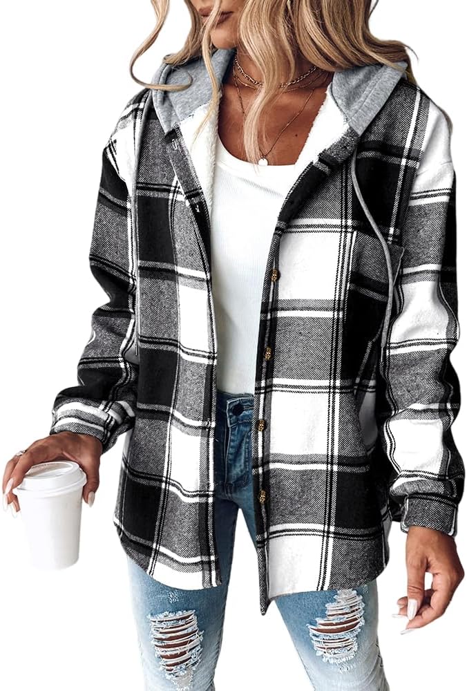 Plaid hooded shacket with fleece lining in black