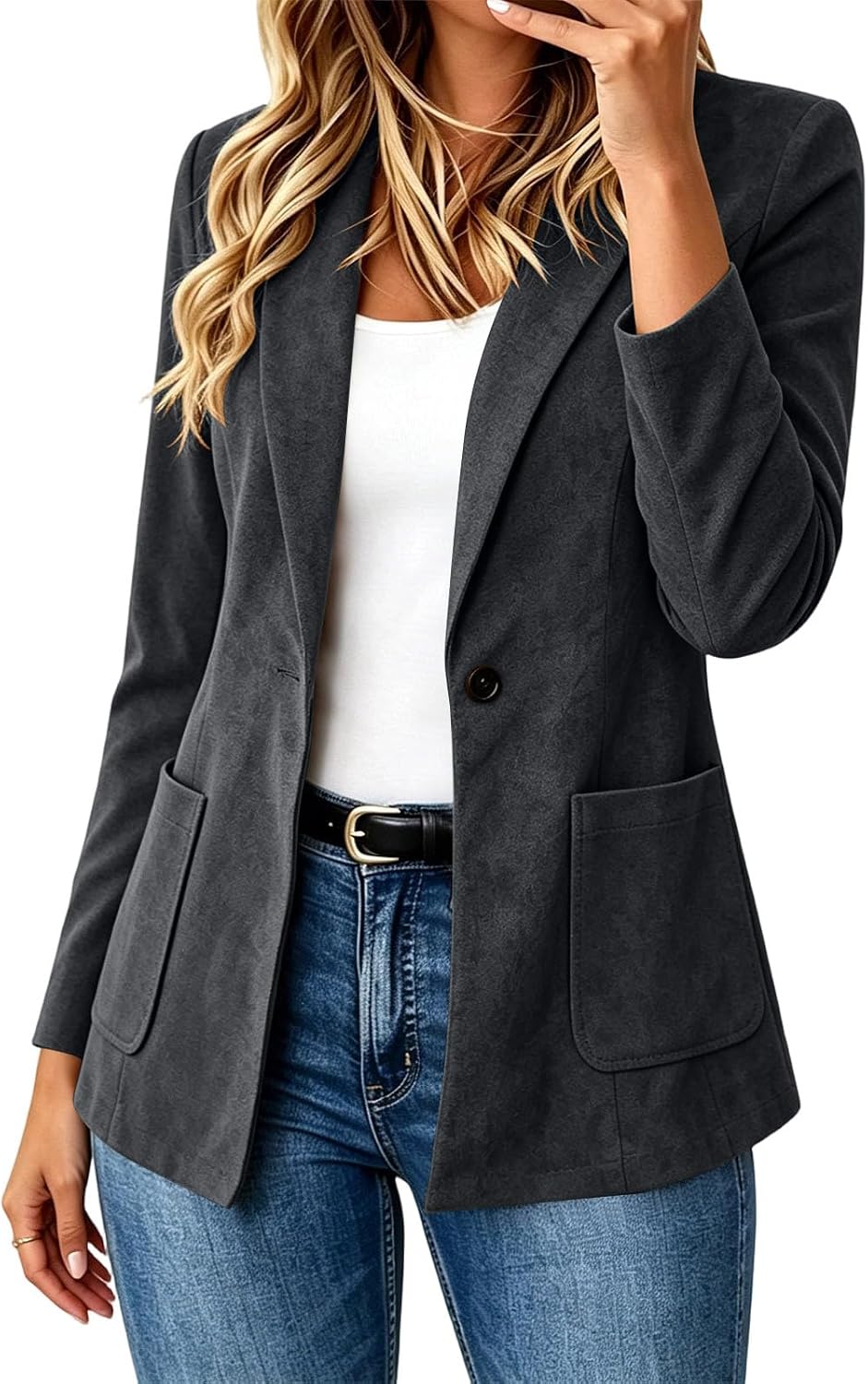 Women's Faux Suede Blazer Jacket One Button Lapel Patch Pockets Casual Work | Faux suede blazer jacket with lapel collar and one button front for office, commute, dinners, travel and everyday casual wear