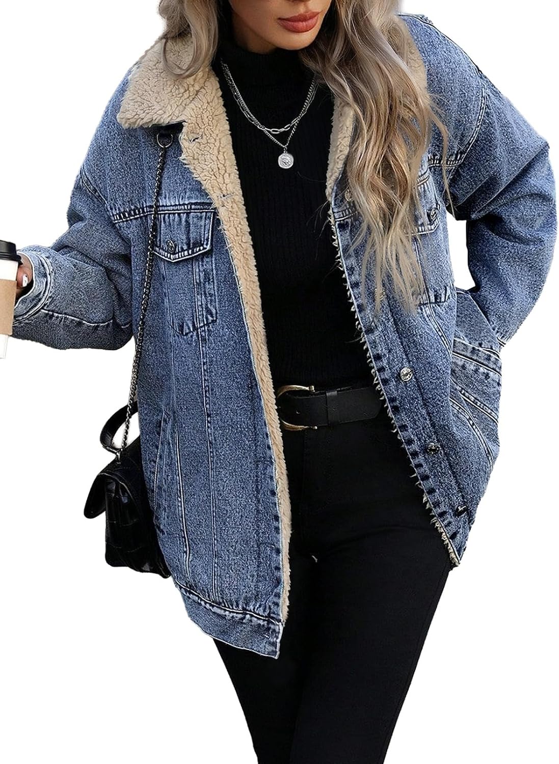 Long fleece-lined denim trucker jacket in blue wash