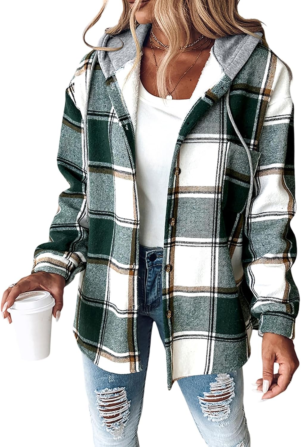CHICME Womens Casual Jacket Plaid Hooded Fleece Lined Shacket | Long Sleeve Flannel Jacket, Button Front Closure Warm Coat With Side Pockets, Fall Winter Daily Wear