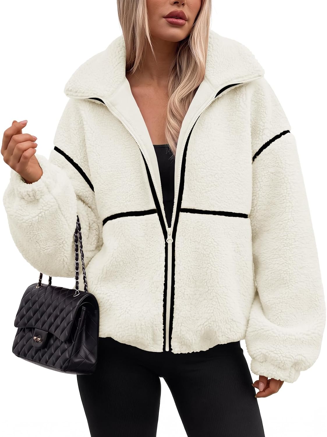 Oversized sherpa fleece zip-up jacket in white, stand collar