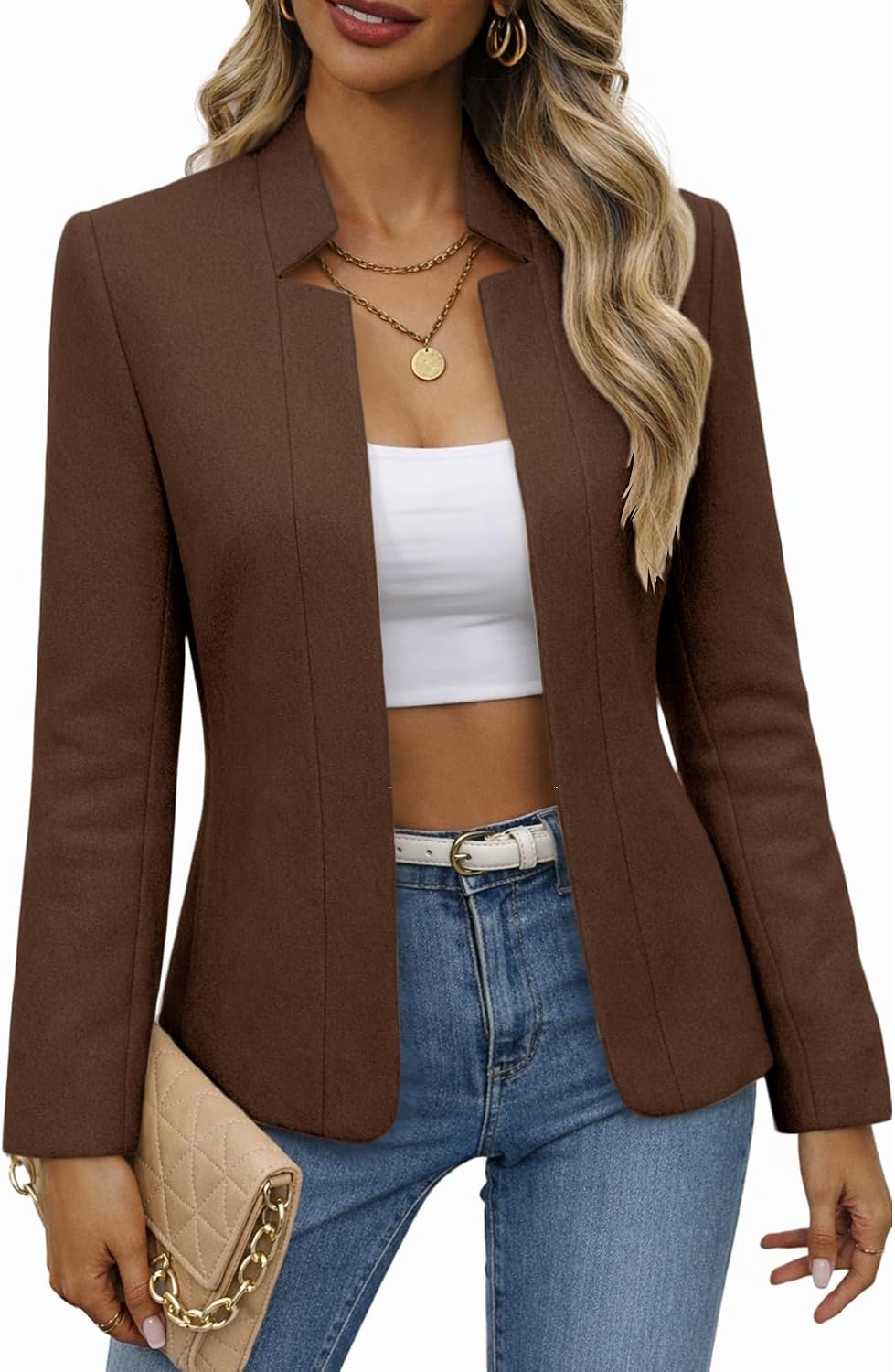 Open-front tweed blazer, fully lined, chocolate brown wool finish