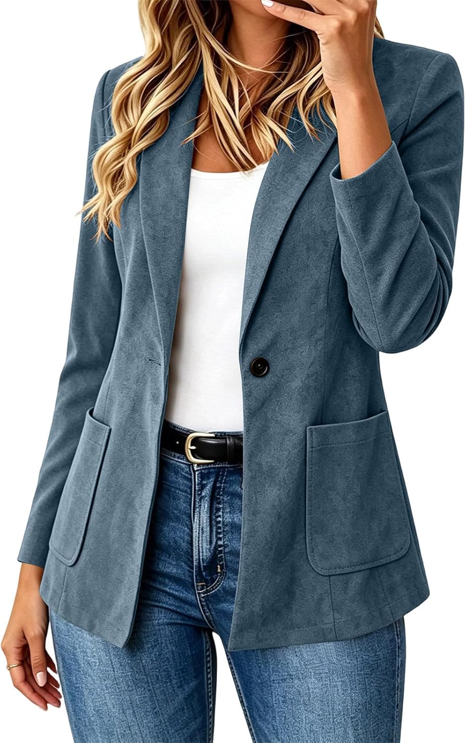 Women's Faux Suede Blazer Jacket One Button Lapel Patch Pockets Casual Work | Faux suede blazer jacket with lapel collar and one button front for office, commute, dinners, travel and everyday casual wear