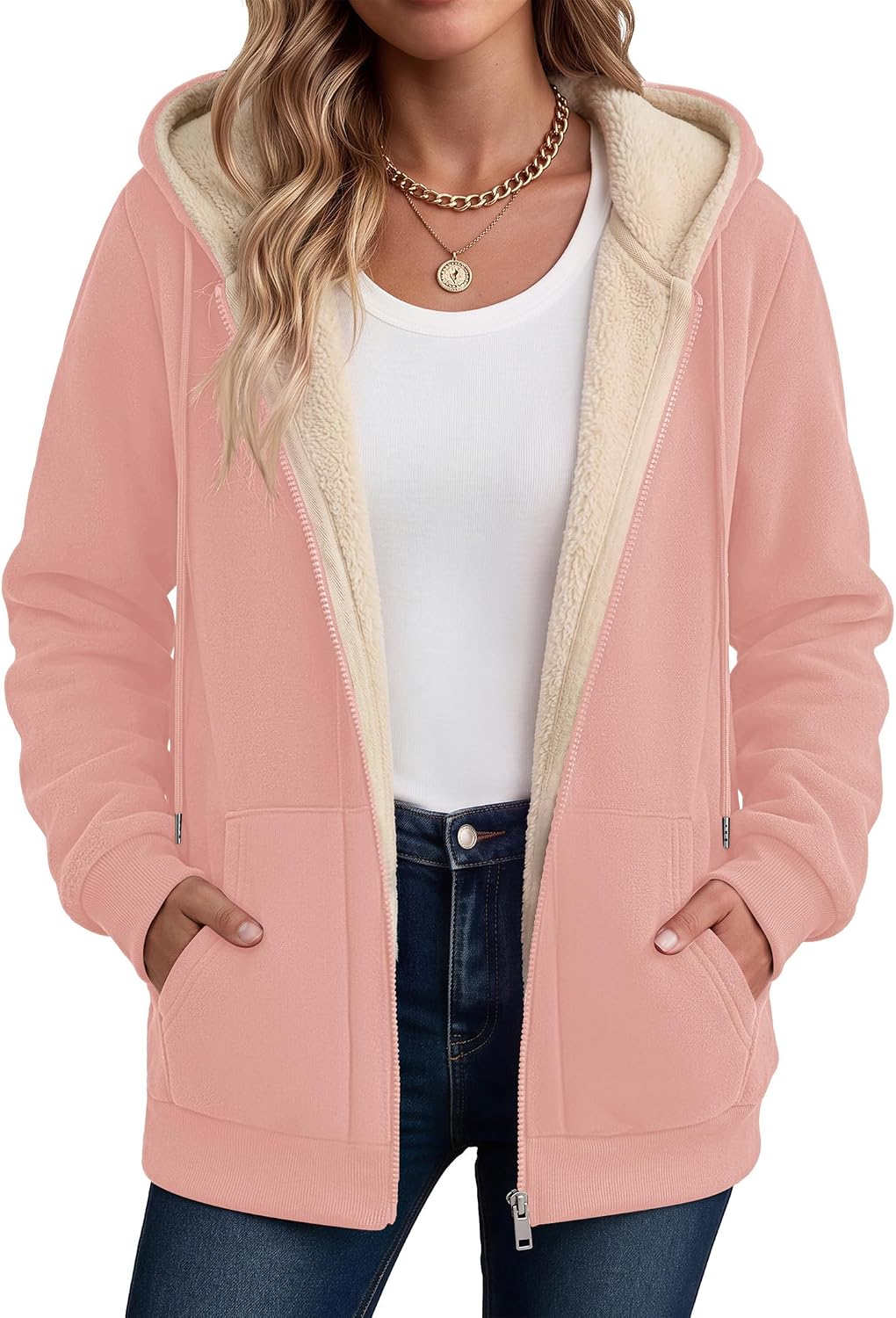 Hooded sherpa fleece full-zip coat in pink, kangaroo pocket