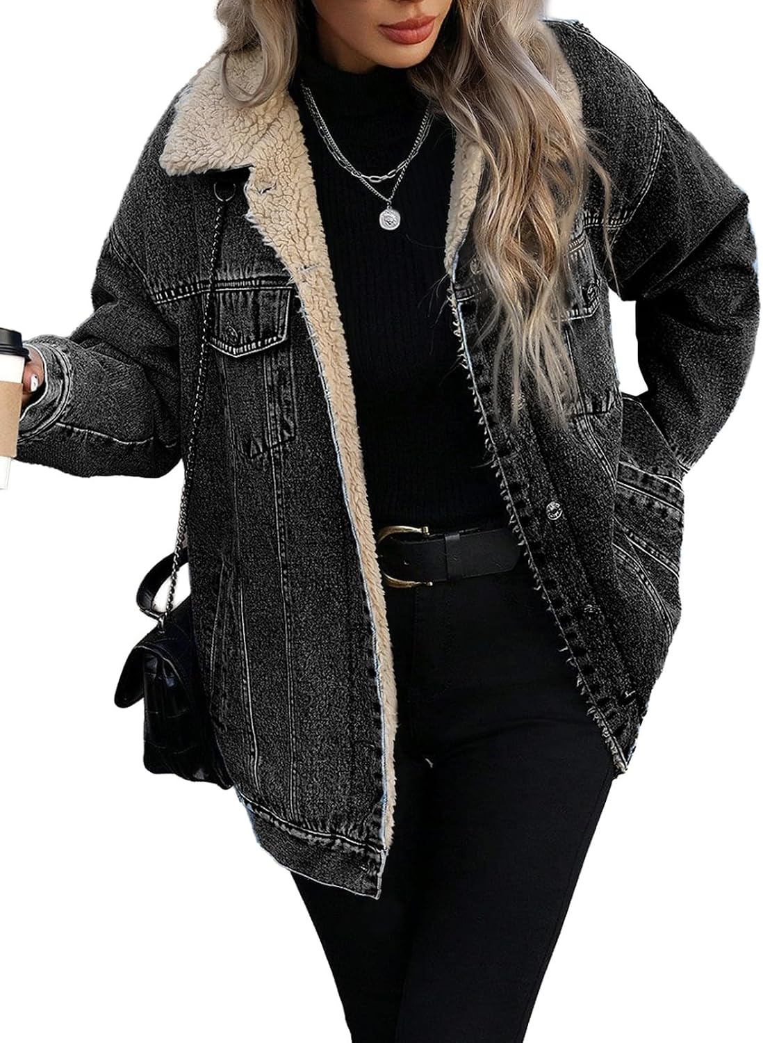 SHEWIN Women's Long Oversized Jean Jacket Fleece Lined Trucker Denim Coat | Oversized Baggy Fit,Trendy 2026 Fall Fashion Outfit,Button-Down Soft Cute Wash Jean Jacket,Cotton,Winter Coats，Girls & Ladies