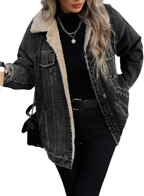 SHEWIN Women's Long Oversized Jean Jacket Fleece Lined Trucker Denim Coat | Oversized Baggy Fit,Trendy 2026 Fall Fashion Outfit,Button-Down Soft Cute Wash Jean Jacket,Cotton,Winter Coats，Girls & Ladies