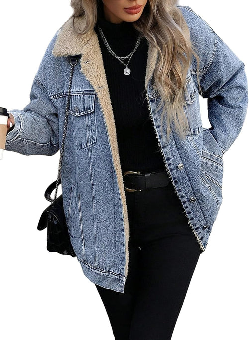 SHEWIN Women's Long Oversized Jean Jacket Fleece Lined Trucker Denim Coat | Oversized Baggy Fit,Trendy 2026 Fall Fashion Outfit,Button-Down Soft Cute Wash Jean Jacket,Cotton,Winter Coats，Girls & Ladies