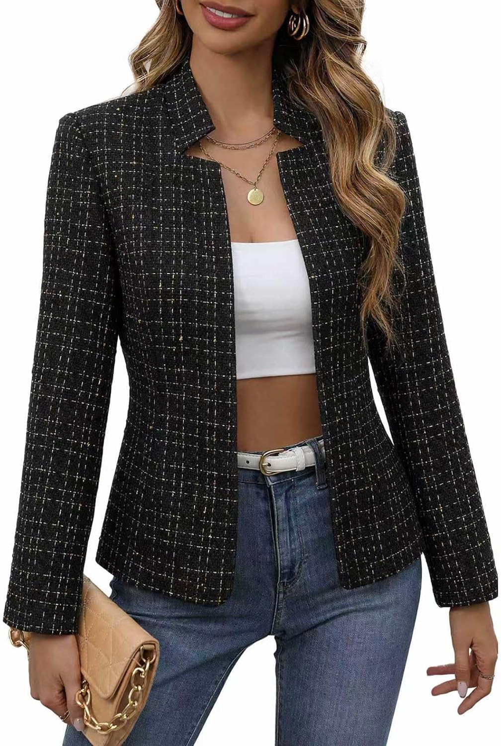 Open-front tweed blazer, fully lined, black plaid
