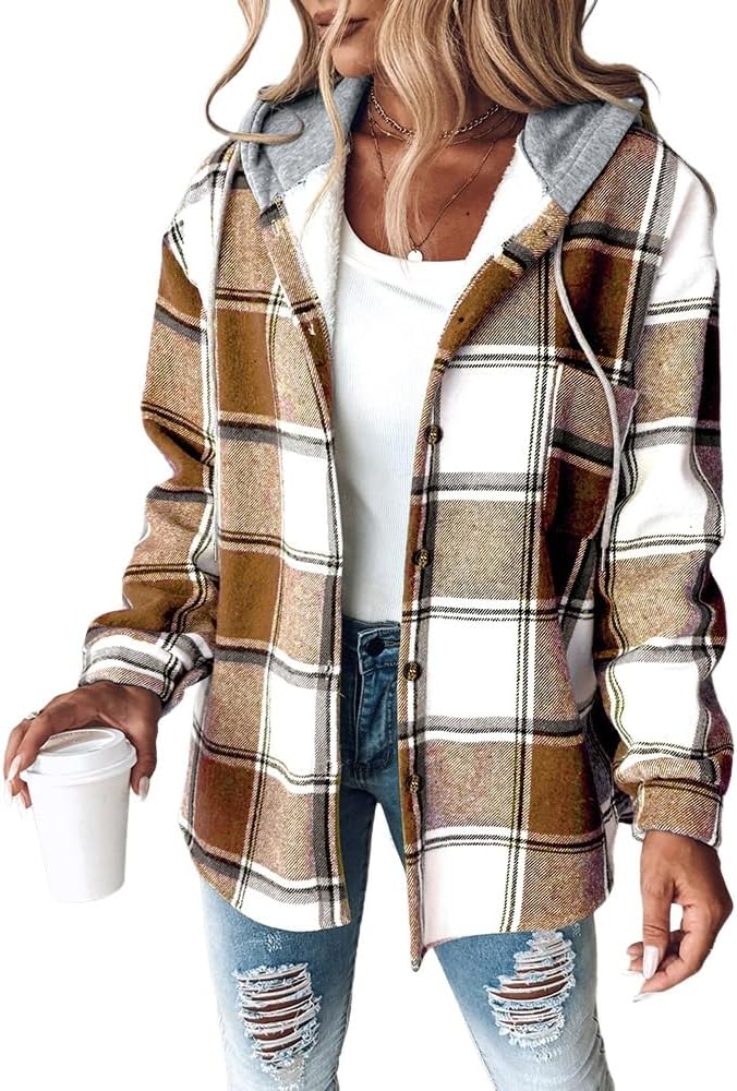 Plaid hooded shacket with fleece lining in khaki