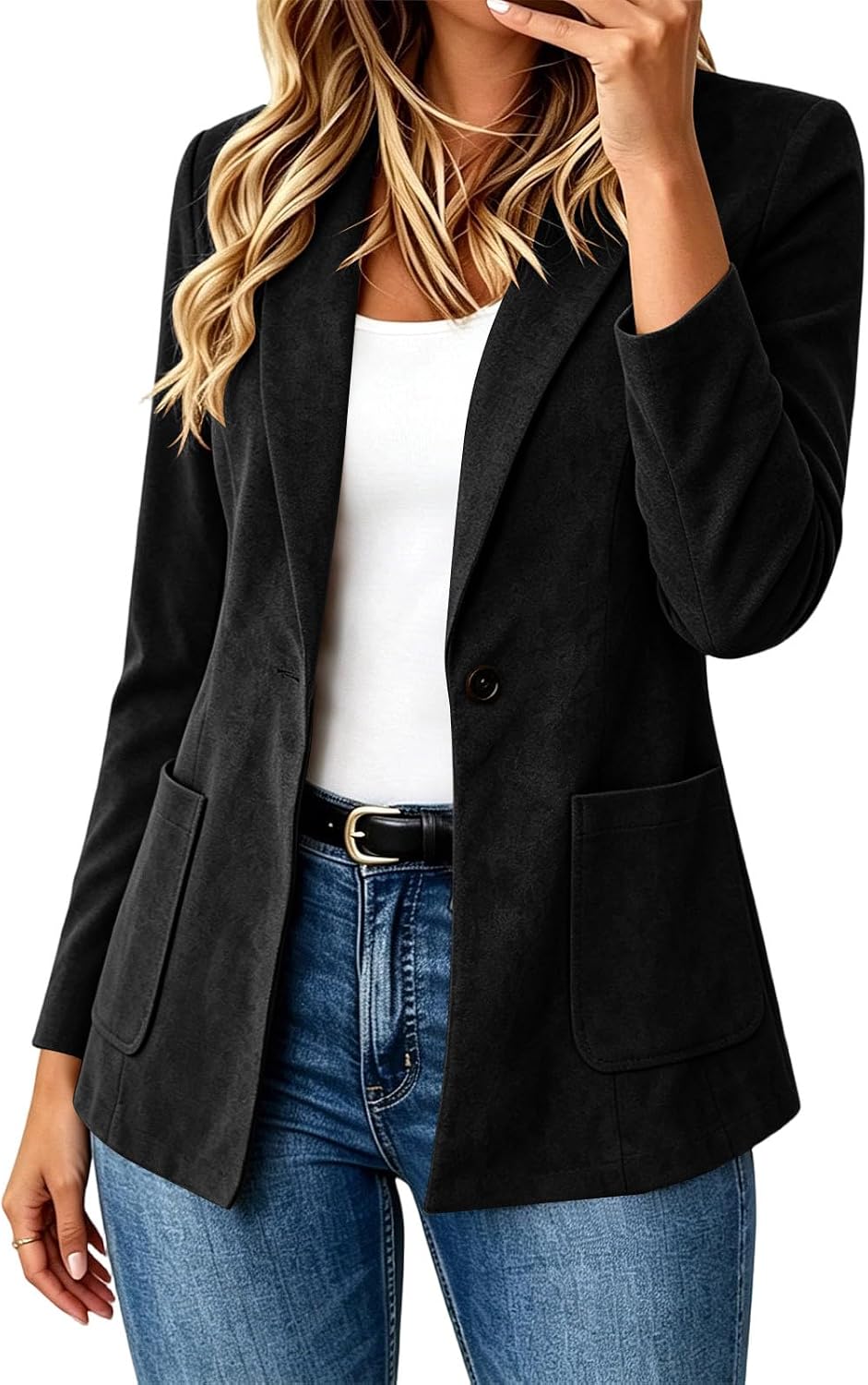Women's Faux Suede Blazer Jacket One Button Lapel Patch Pockets Casual Work | Faux suede blazer jacket with lapel collar and one button front for office, commute, dinners, travel and everyday casual wear