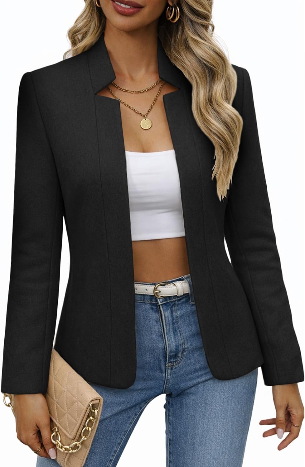 Open-front tweed blazer, fully lined, black wool finish