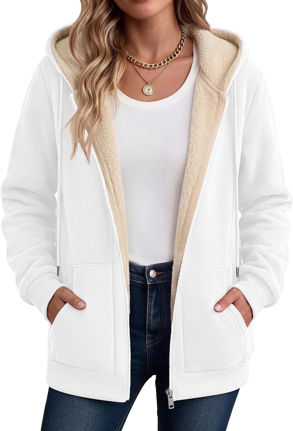 Hooded sherpa fleece full-zip coat in white, kangaroo pocket