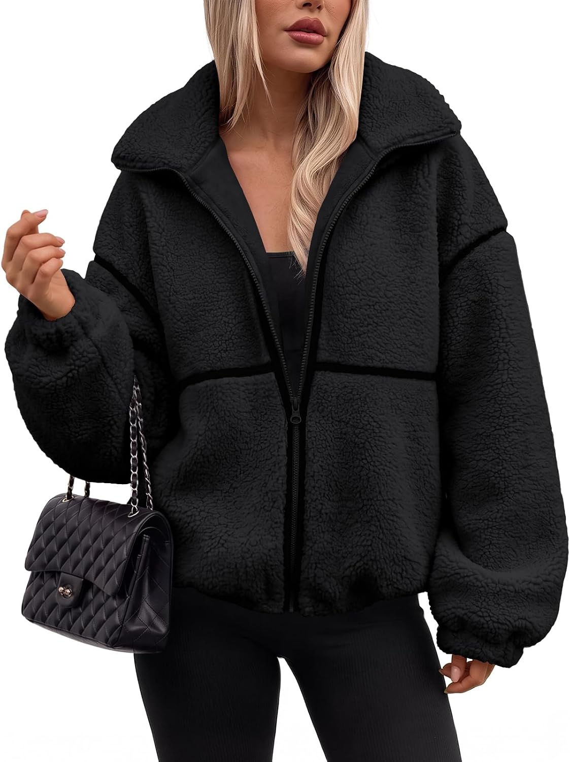 Oversized sherpa fleece zip-up jacket in black, stand collar