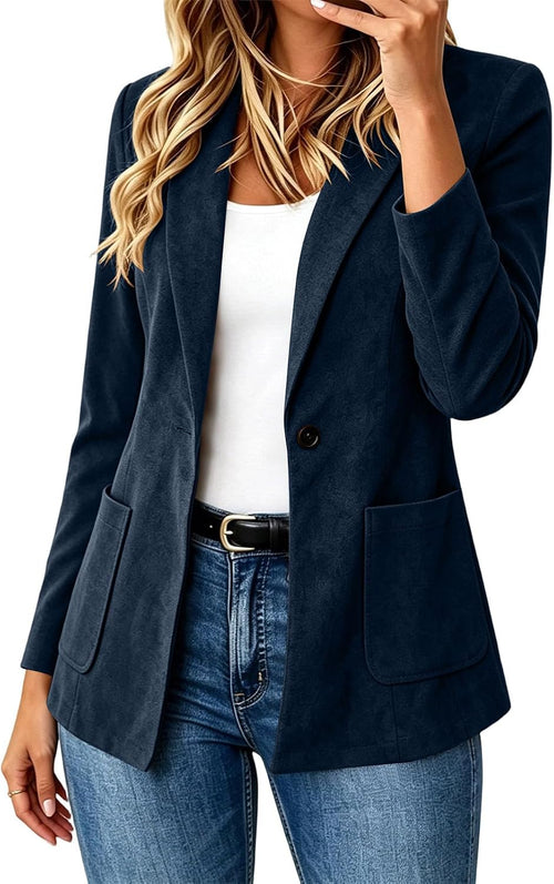Women's Faux Suede Blazer Jacket One Button Lapel Patch Pockets Casual Work | Faux suede blazer jacket with lapel collar and one button front for office, commute, dinners, travel and everyday casual wear