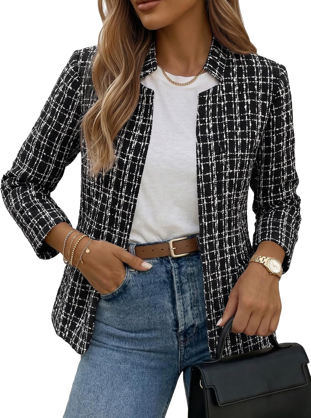 Mina Self 2026 Fall Women's Open Front Tweed Blazer,Plaid Fitted Jacket | Stand Collar,Long Sleeve,Lightweight,Fully Lined,Business Casual Style,Work Office Wear,Fall Winter Clothes Outfits Pockets