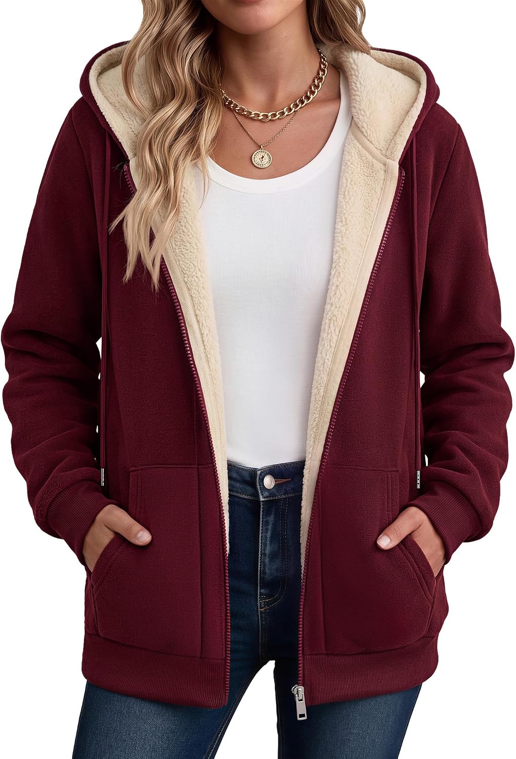 Hooded sherpa fleece full-zip coat in wine red, kangaroo pocket