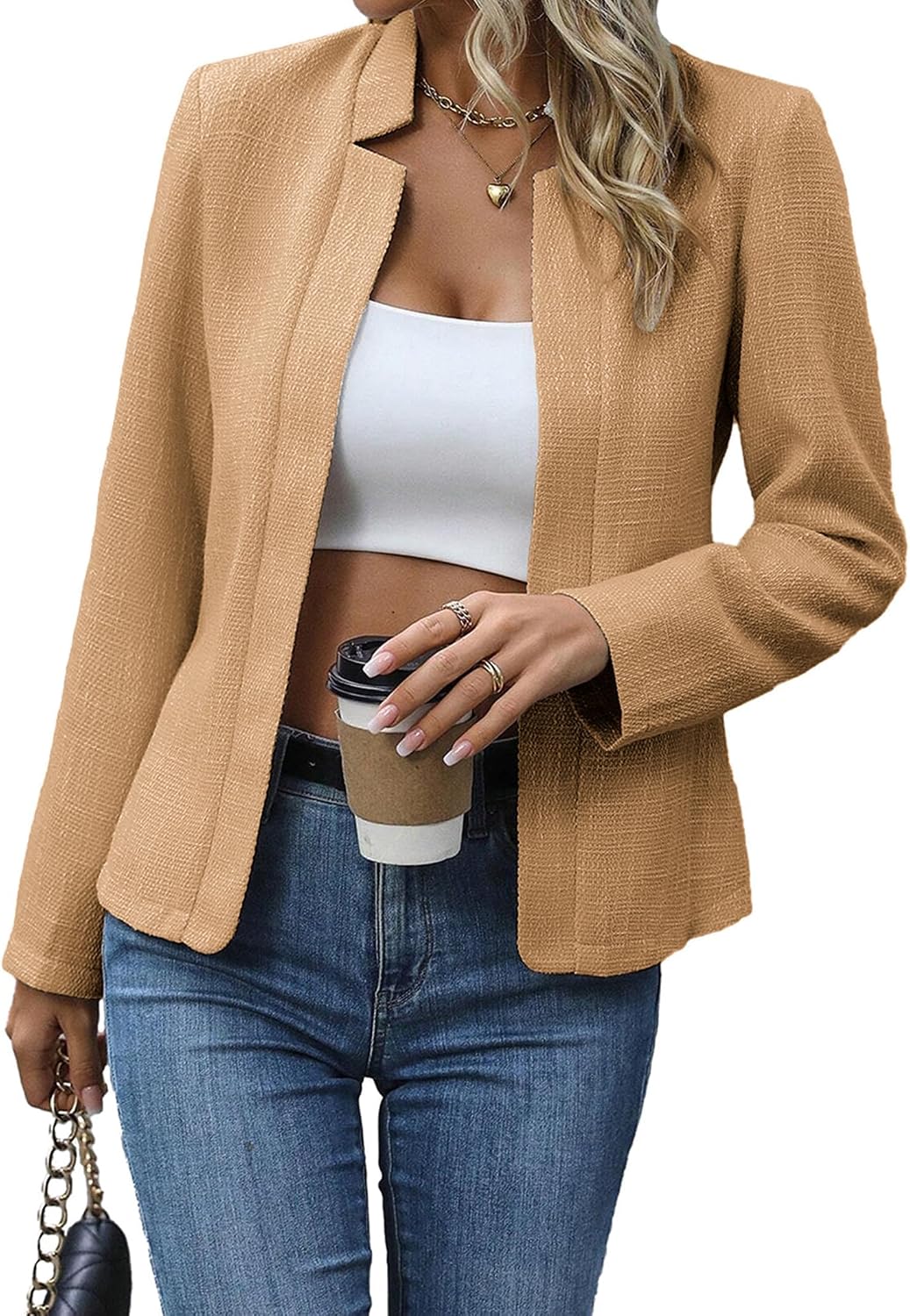 Open-front tweed blazer, fully lined, khaki