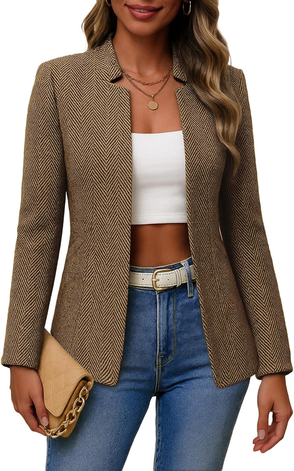 Open-front tweed blazer, fully lined, khaki herringbone