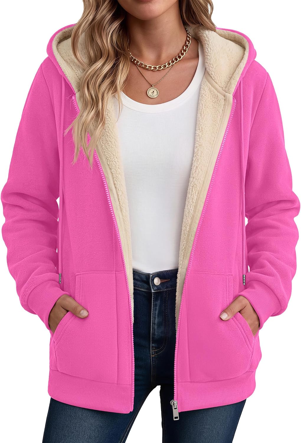Hooded sherpa fleece full-zip coat in rose red, kangaroo pocket