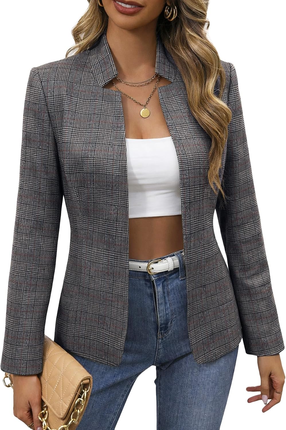 Open-front tweed blazer, fully lined, black plaid, second colorway