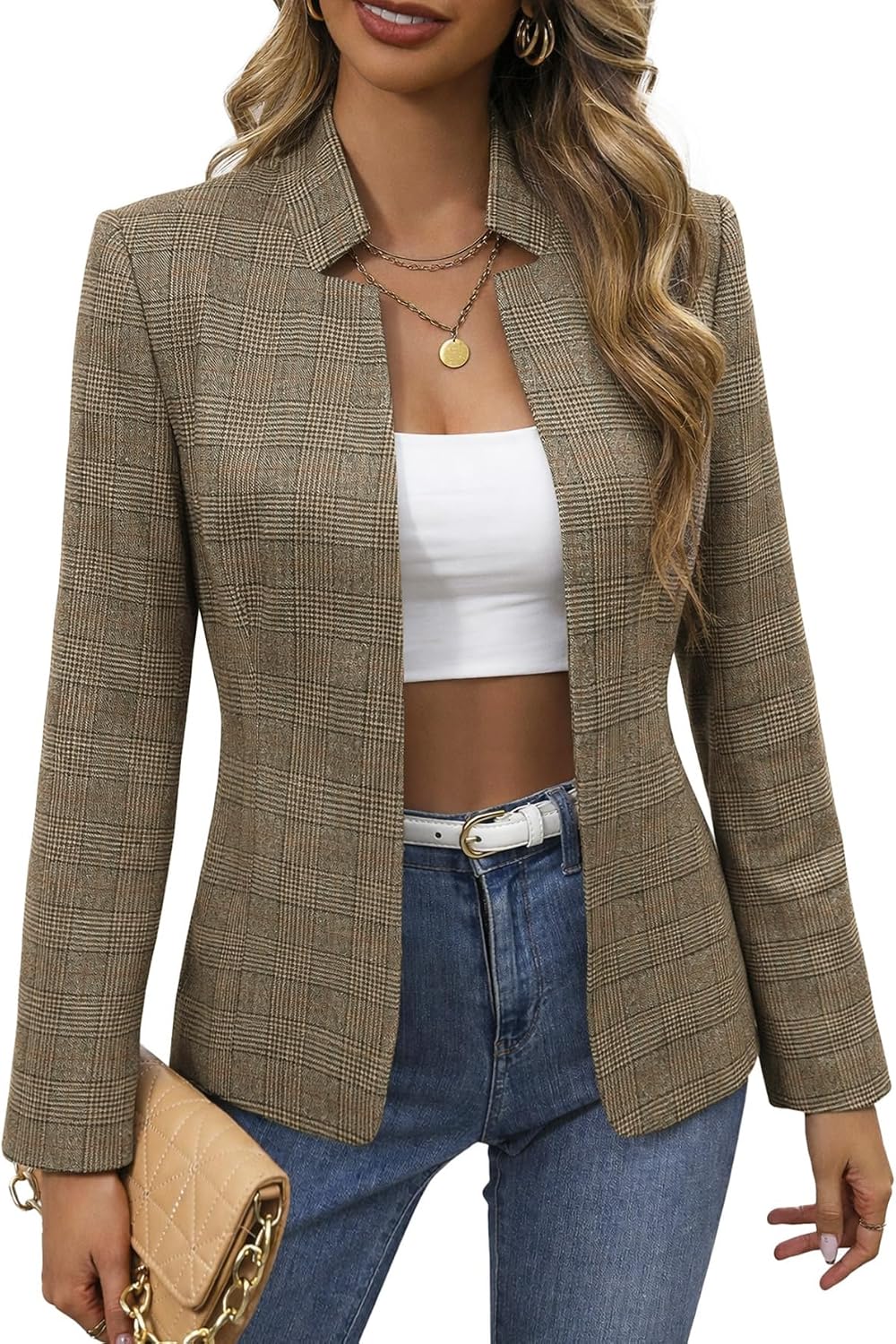 Open-front tweed blazer, fully lined, khaki plaid