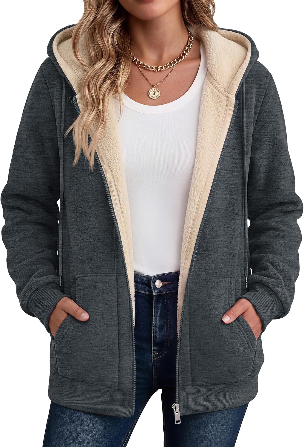 Hooded sherpa fleece full-zip coat in deep grey, kangaroo pocket
