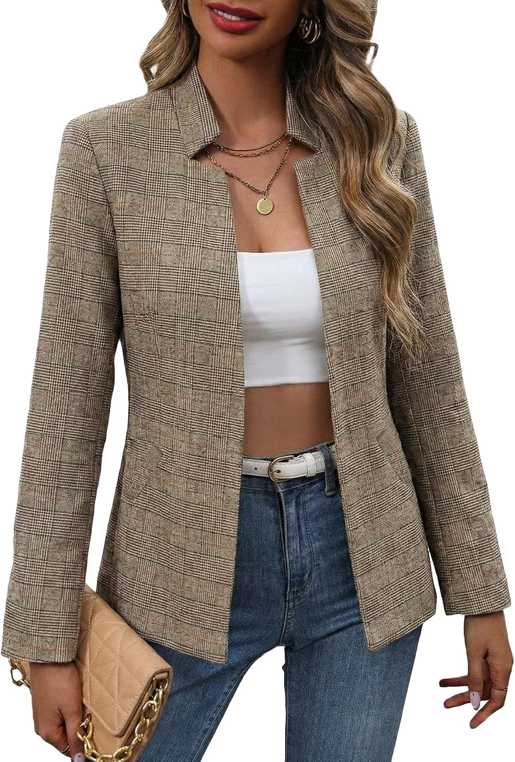 Open-front tweed blazer, fully lined, brown plaid