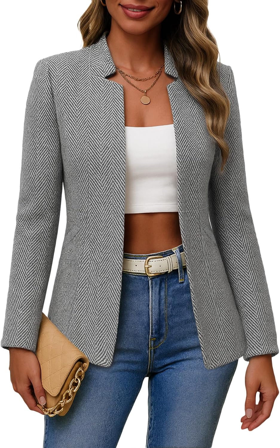 Open-front tweed blazer, fully lined, grey herringbone