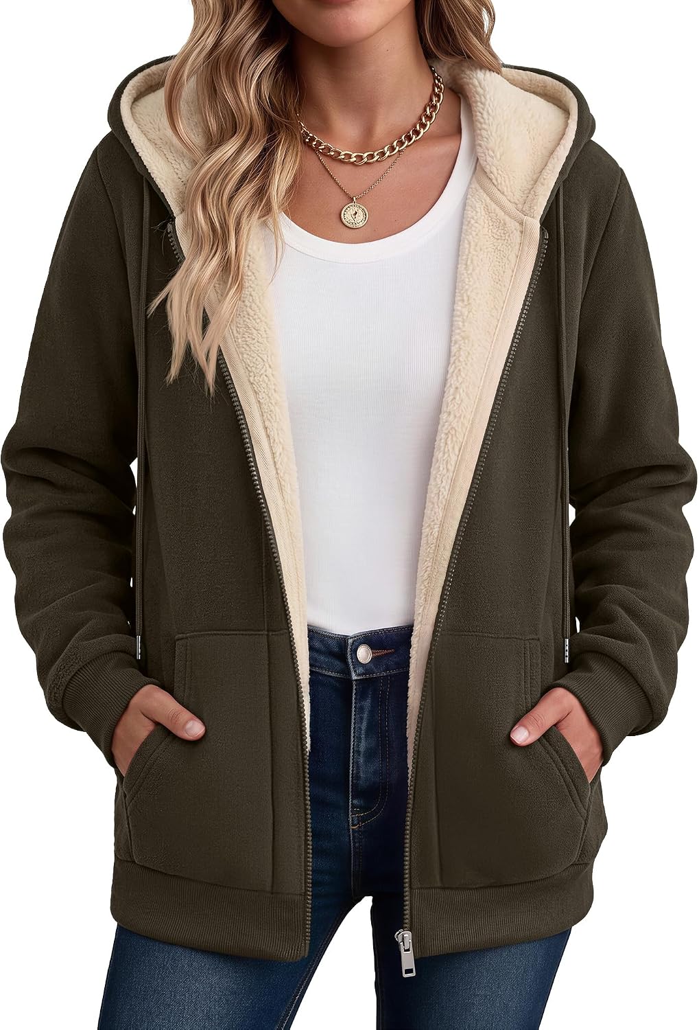 Hooded sherpa fleece full-zip coat in coffee grey, kangaroo pocket
