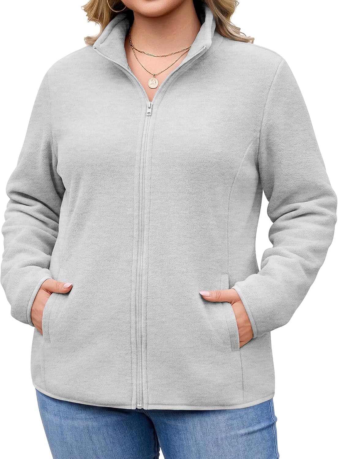 Plus size fleece-lined full-zip jacket in light grey, two pockets