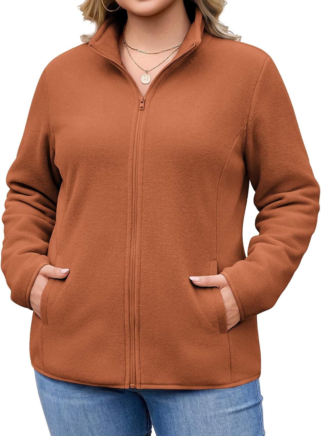 Plus size fleece-lined full-zip jacket in caramel, two pockets